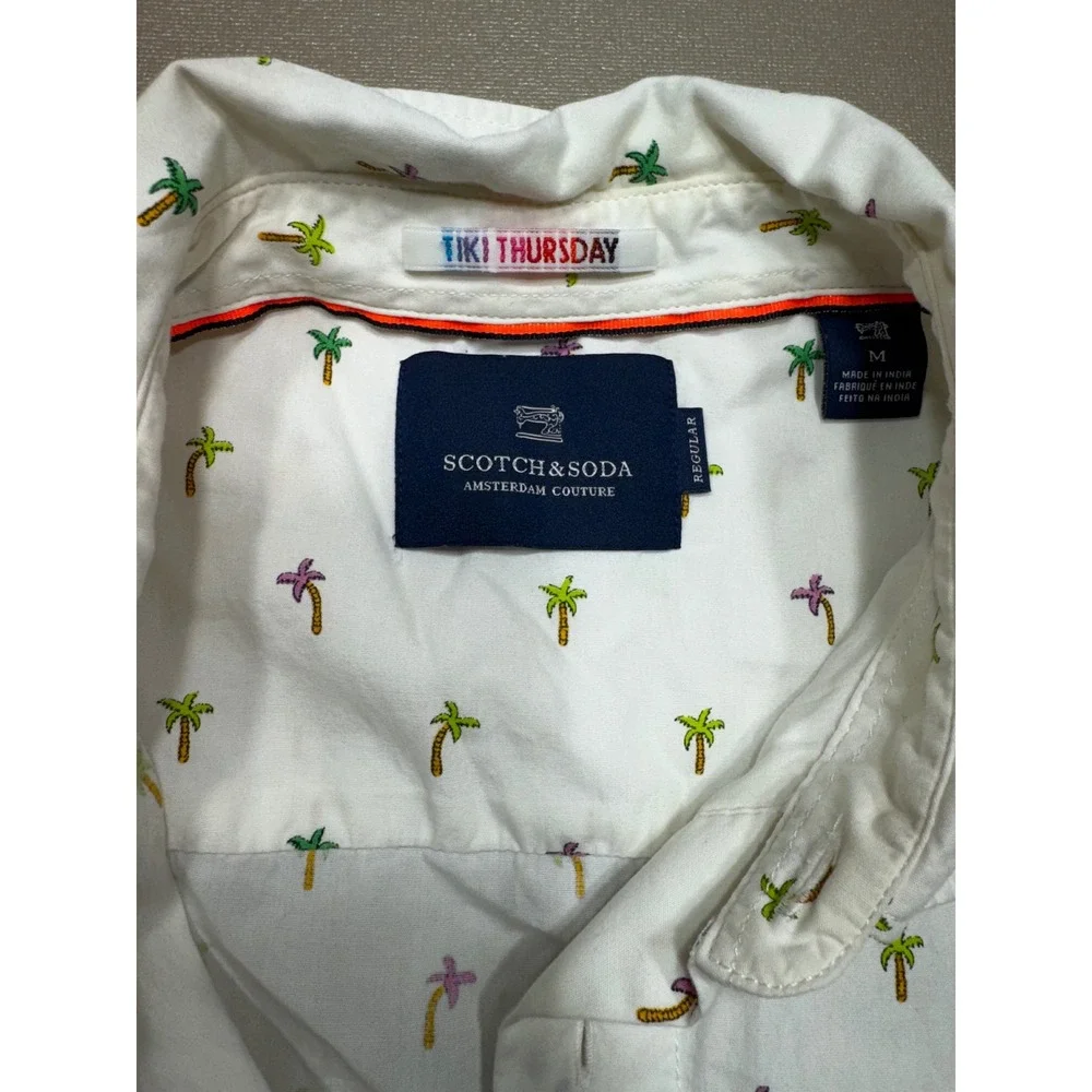 Scotch & Soda Mens White Embroidered Palm Tree Short Sleeve Button Down Shirt M - Picture 2 of 9